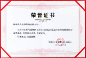 助力疫情防控公益活动荣誉证书 钱塘区工商业联合会（总商会）